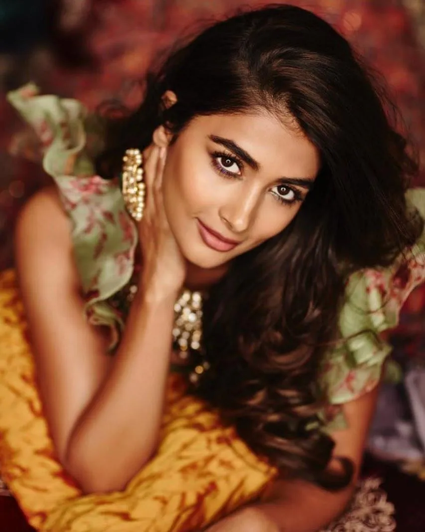 Pooja Hegde in Floral Ethnic Dress with Intense Eye Contact
