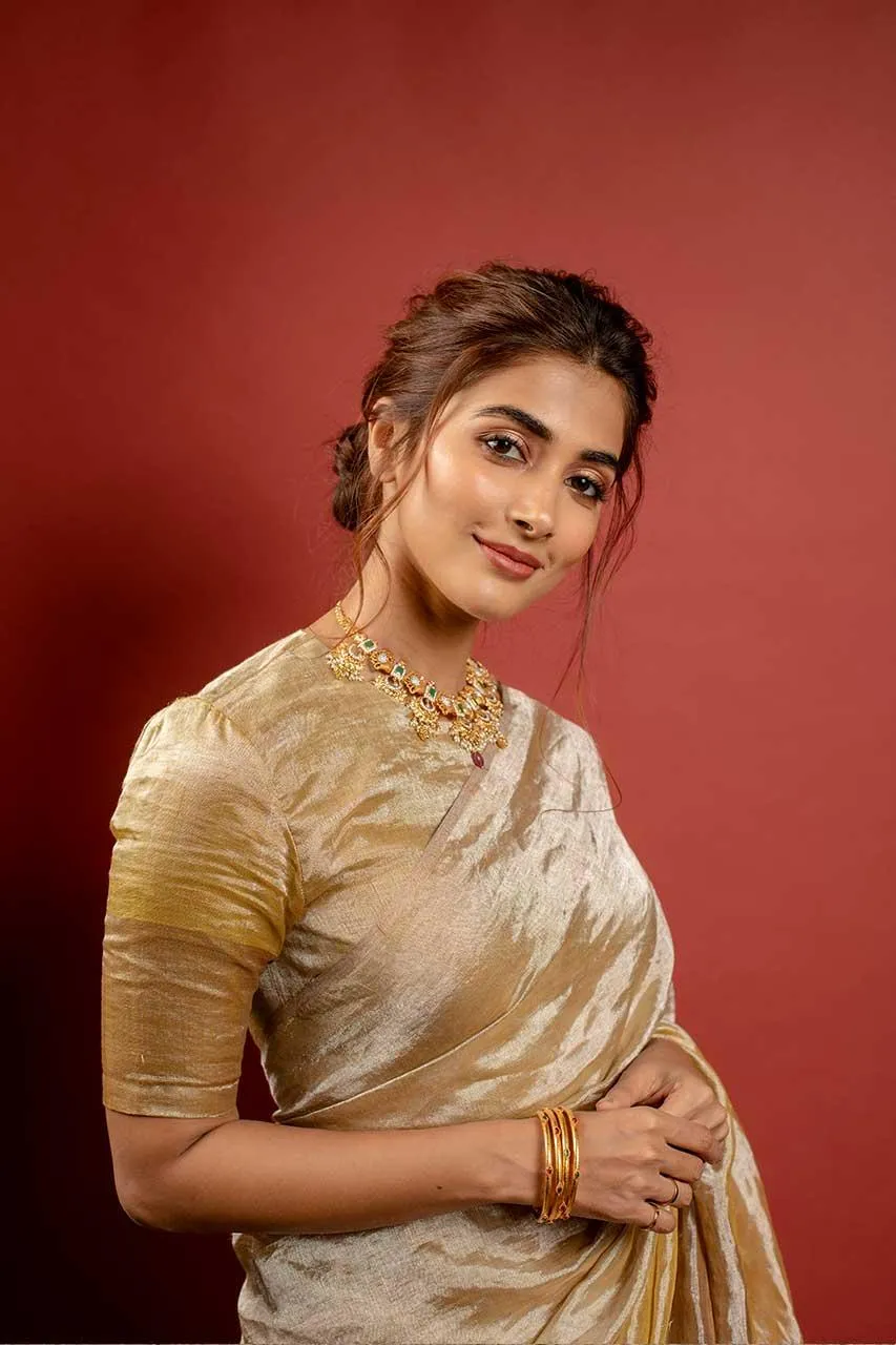 Pooja Hegde in Golden Dress with Stylish Hair Bun Look