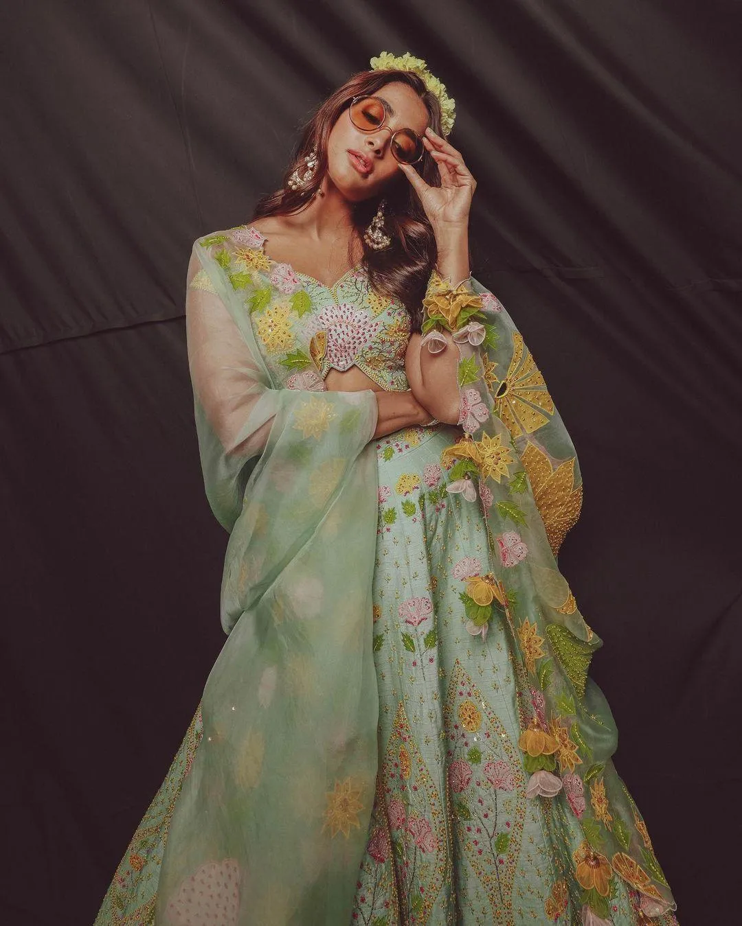 Pooja Hegde in Green Floral Gown with a Dreamy Pose
