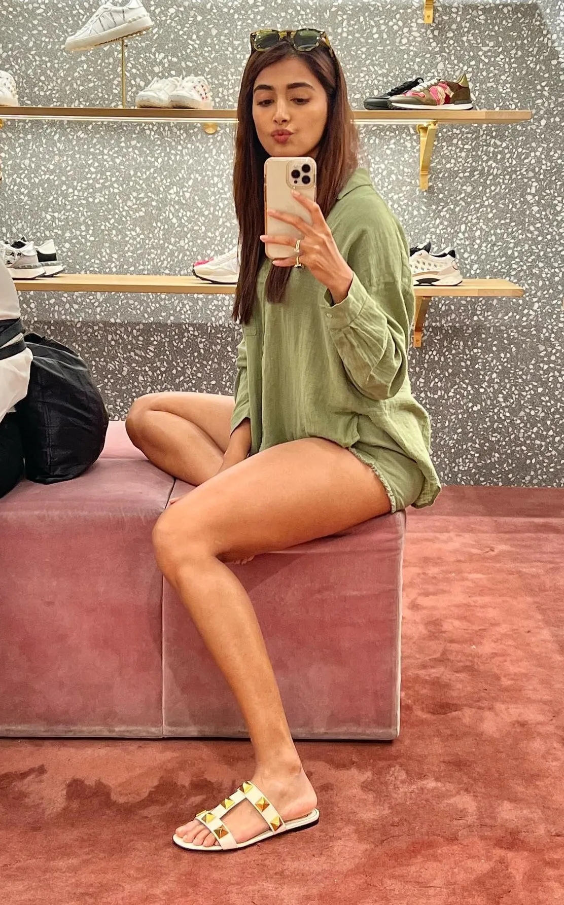 Pooja Hegde in Green Loungewear Taking a Mirror Selfie