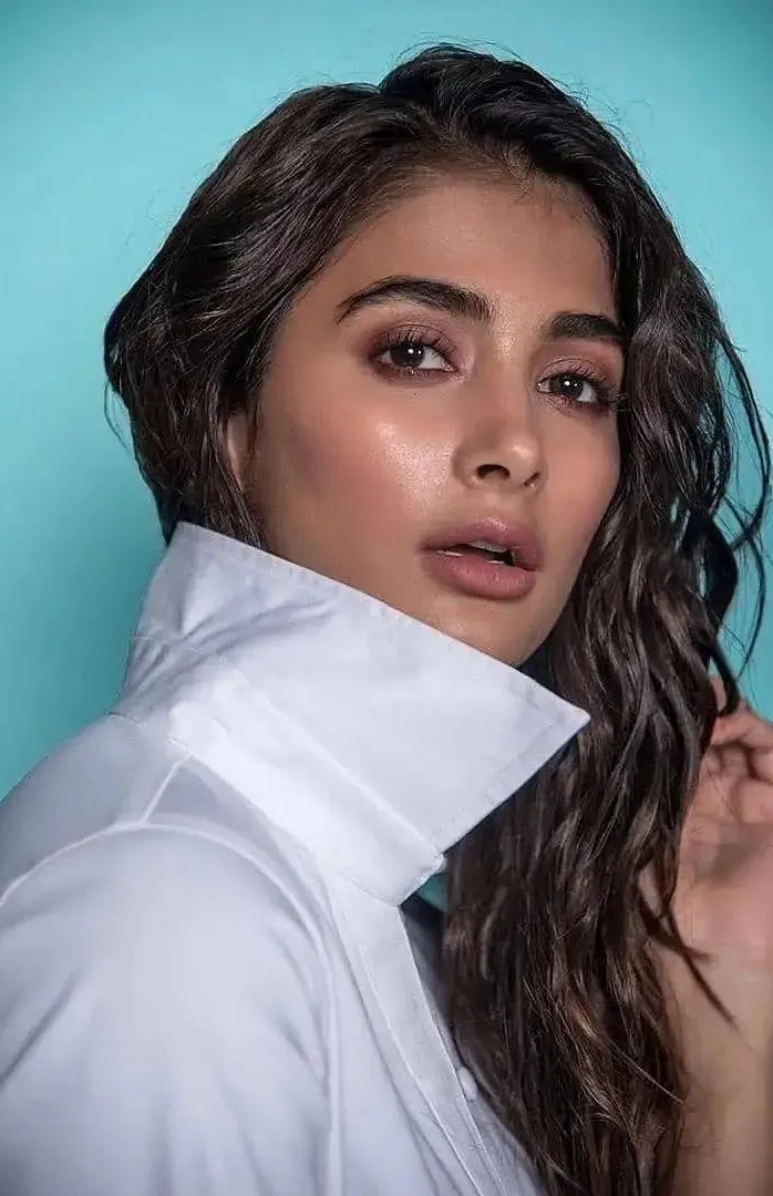 Pooja Hegde in High Collar White Shirt Close Up Image