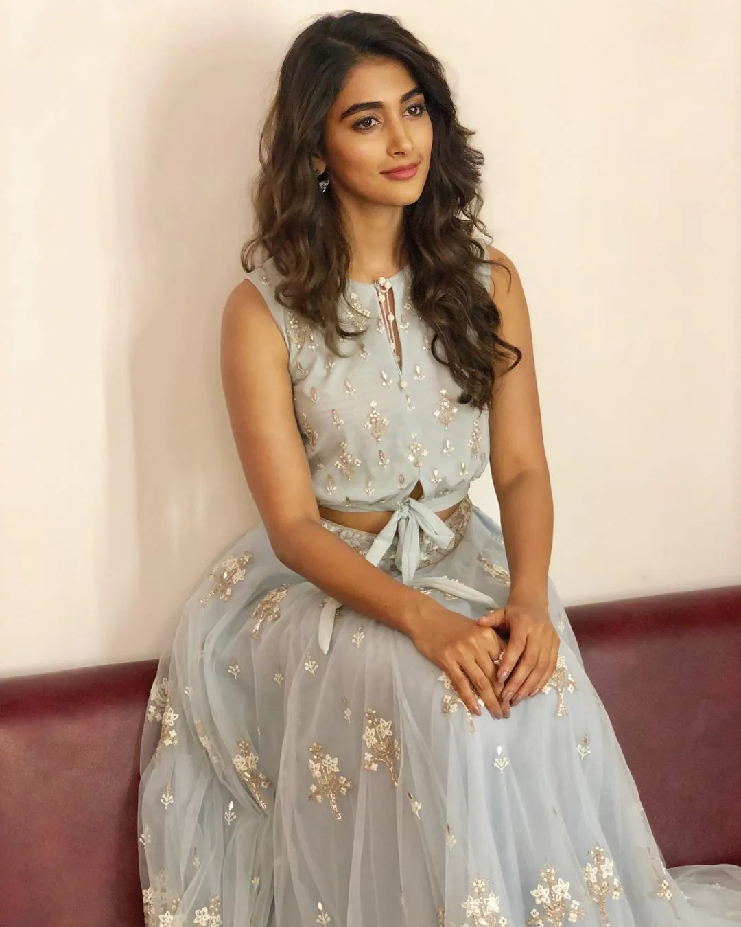Pooja Hegde in Light Blue Ethnic Gown Sitting Down Image
