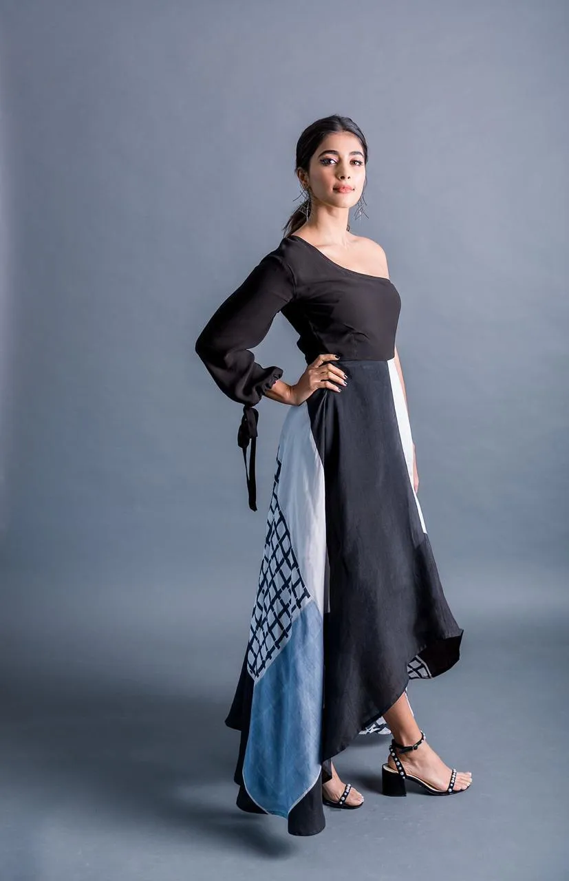 Pooja Hegde in Long Black Gown with Patterned Blue Dupatta