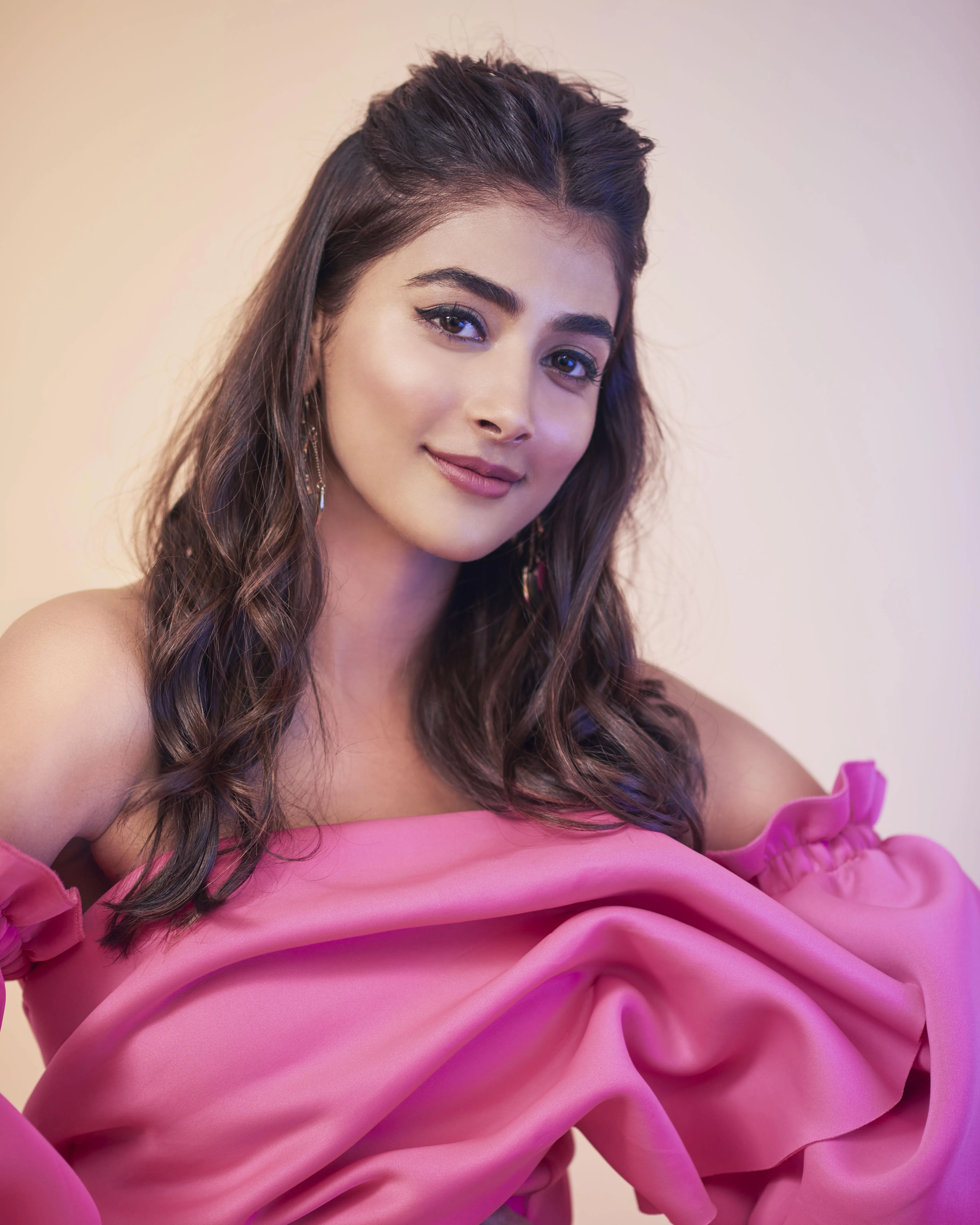 Pooja Hegde in Off Shoulder Pink Dress with Soft Smile