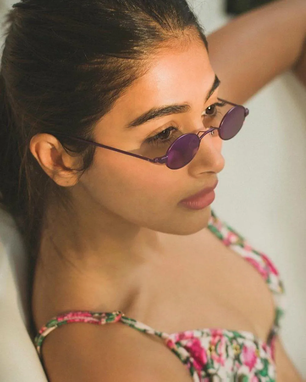 Pooja Hegde in Pink Floral Dress Wearing Tinted Sunglasses
