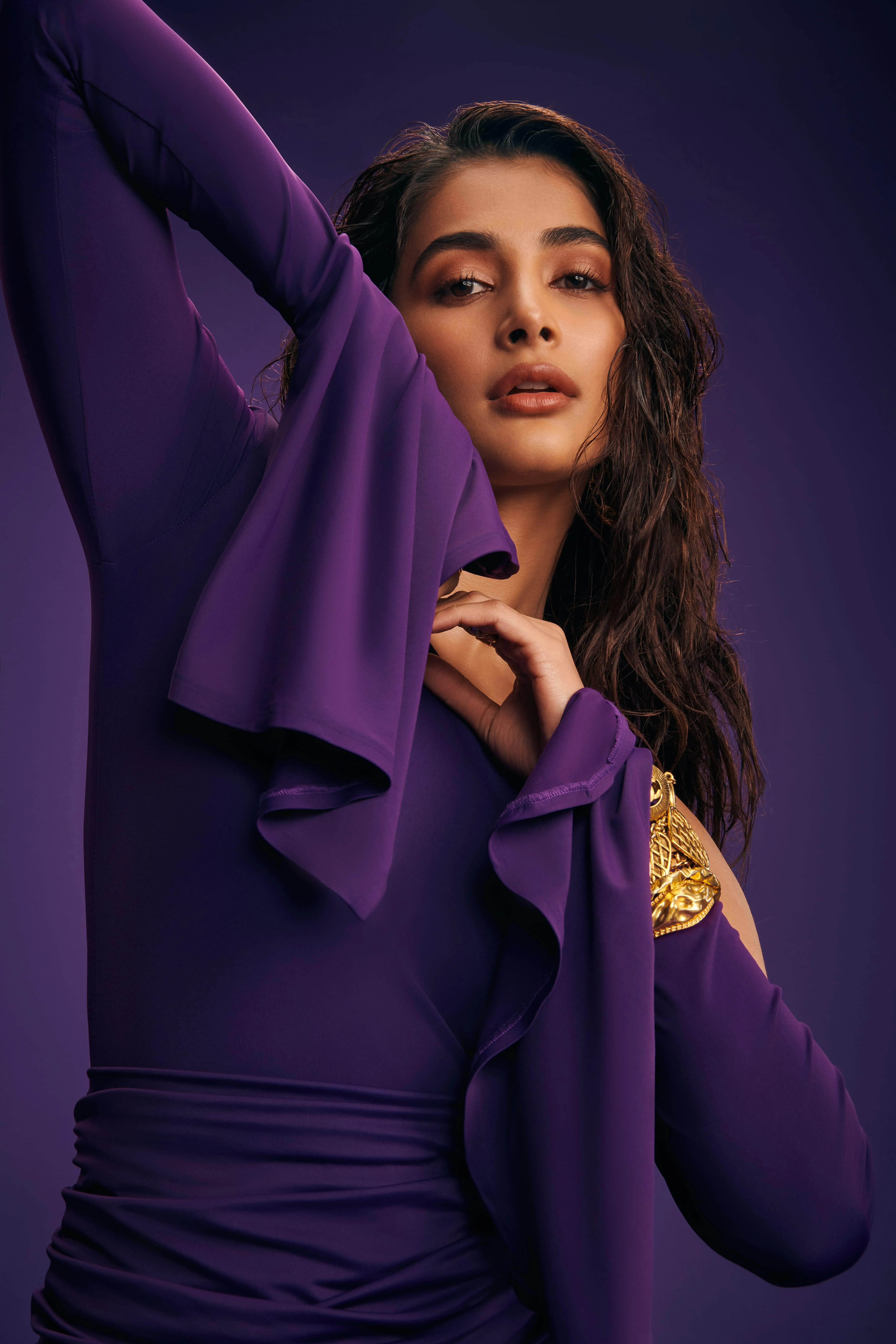 Pooja Hegde in Purple Outfit with Confident Sharp Pose