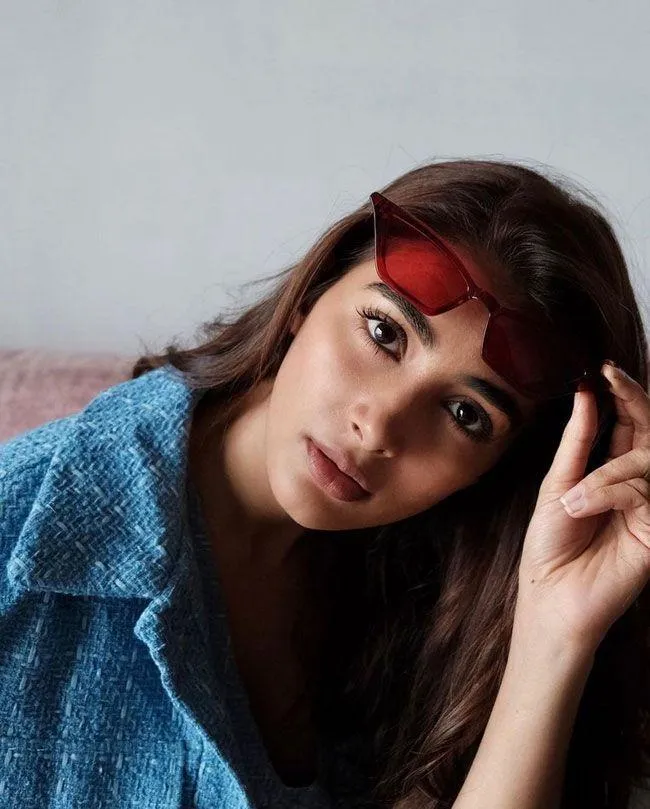 Pooja Hegde in Red Shades and Blue Outfit with Casual Vibe