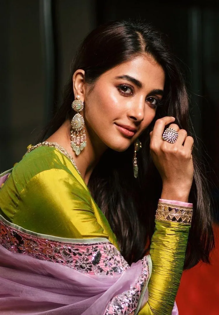 Pooja Hegde in Silk Saree Resting Hand on Her Cheek