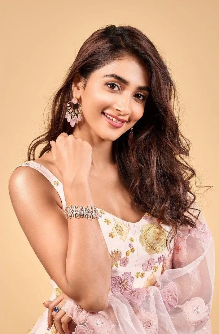 Pooja Hegde in Soft Pink Dress Smiling At the Camera