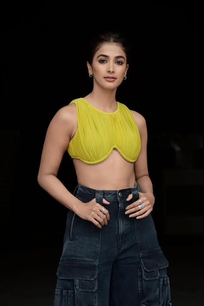 Pooja Hegde in Stylish Yellow Crop Top and Denim Jeans