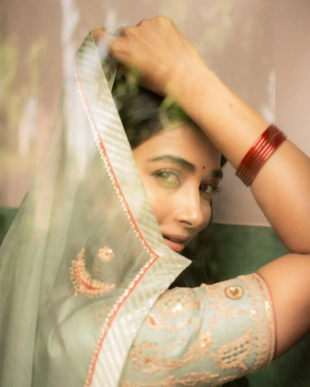 Pooja Hegde in Traditional Saree with Veil and Bangles