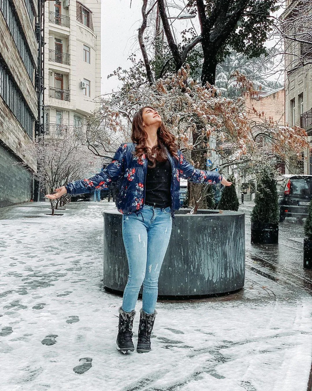 Pooja Hegde in Winter Coat Walks Snow Covered Street