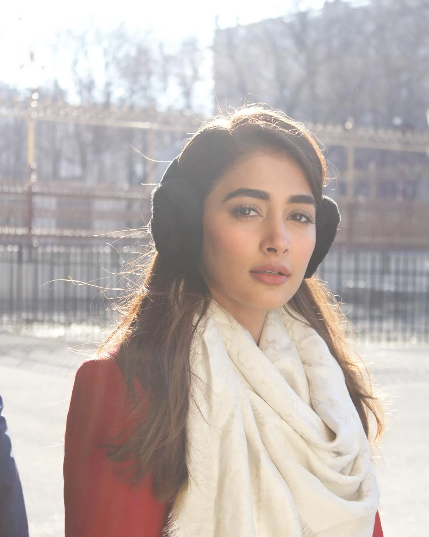 Pooja Hegde in Winter Outfit with White Scarf Outdoors