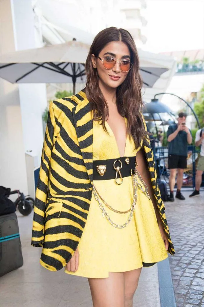 Pooja Hegde in Yellow Dress and Jacket At Outdoor Event