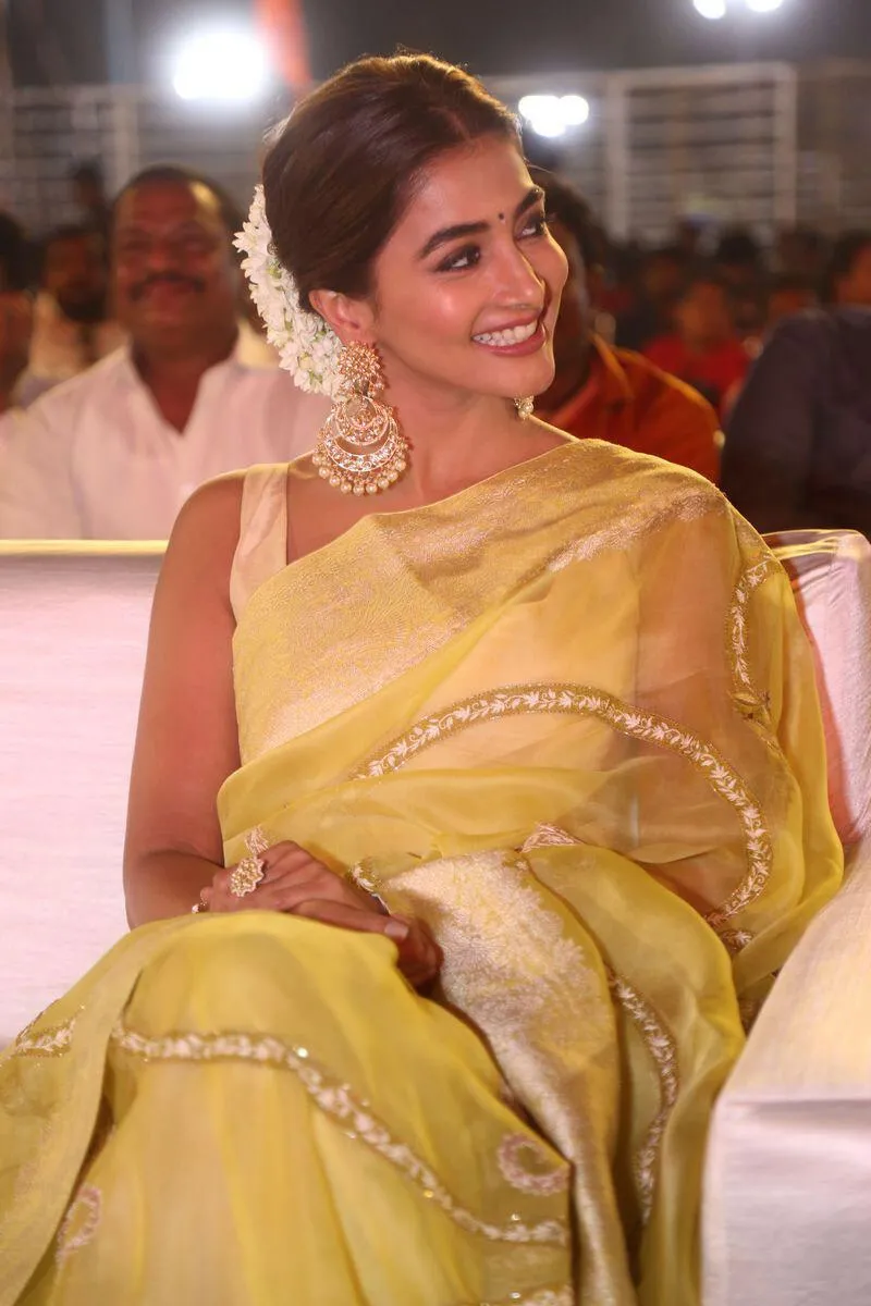 Pooja Hegde in Yellow Saree At Formal Cultural Event