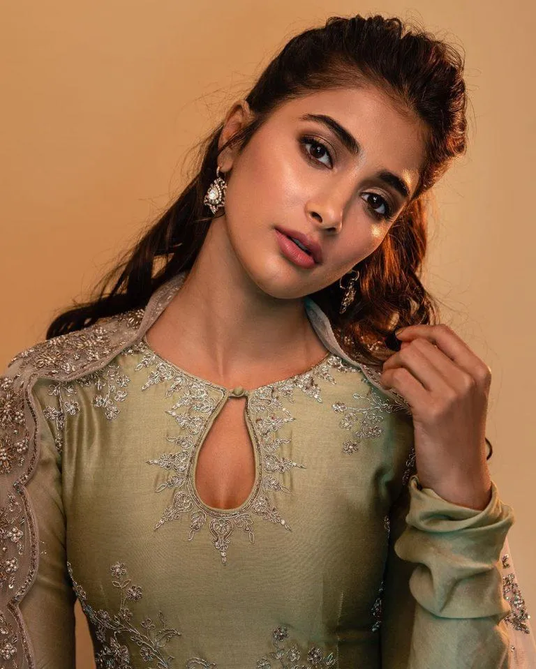 Pooja Hegde Looks Thoughtful in a Beige Embroidered Outfit