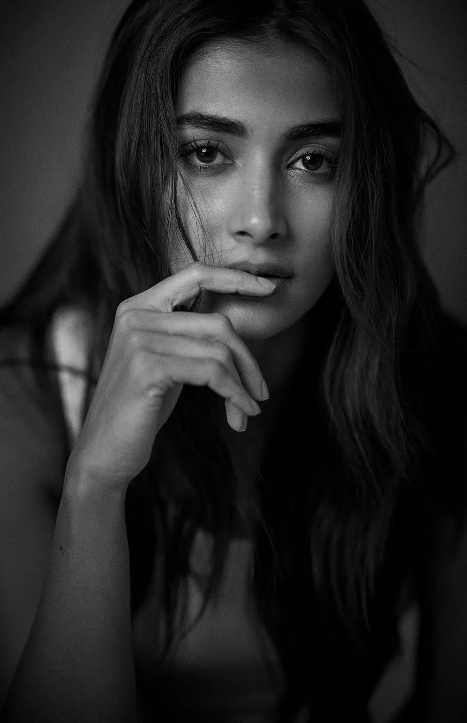 Pooja Hegde Moody Black and White Portrait Closeup
