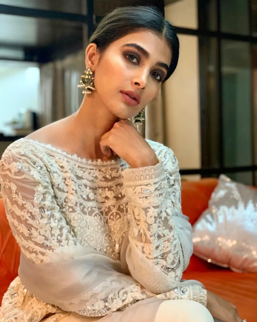 Pooja Hegde Poses Elegantly in Embroidered Outfit Hd