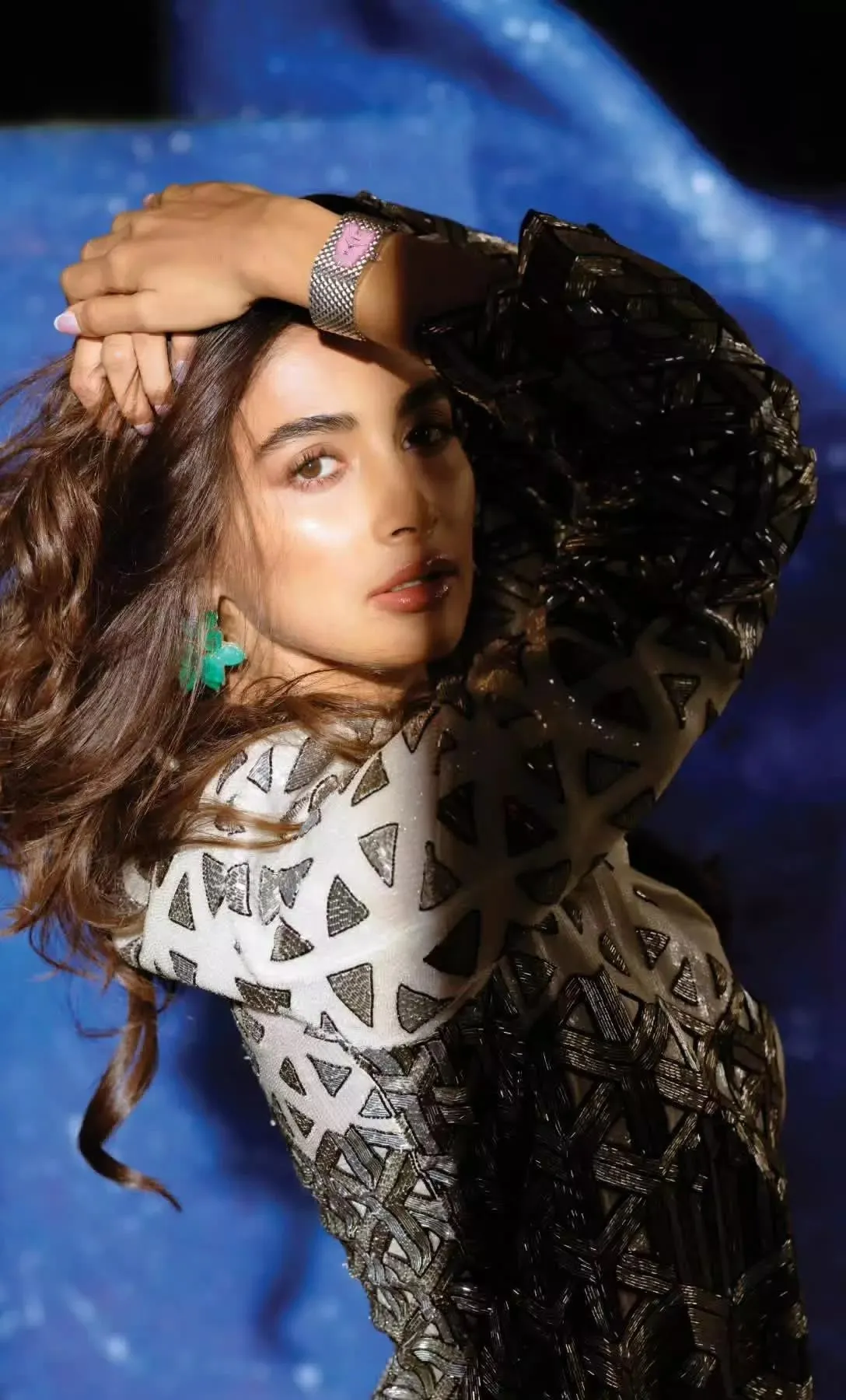 Pooja Hegde Posing in Black Outfit Under Blue Lights Hd