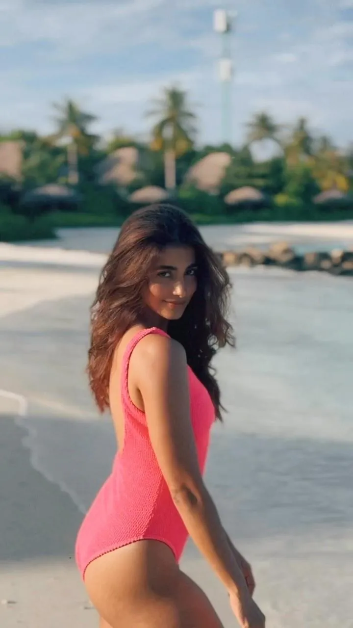 Pooja Hegde Relaxing By the Beach in Pink Swimsuit