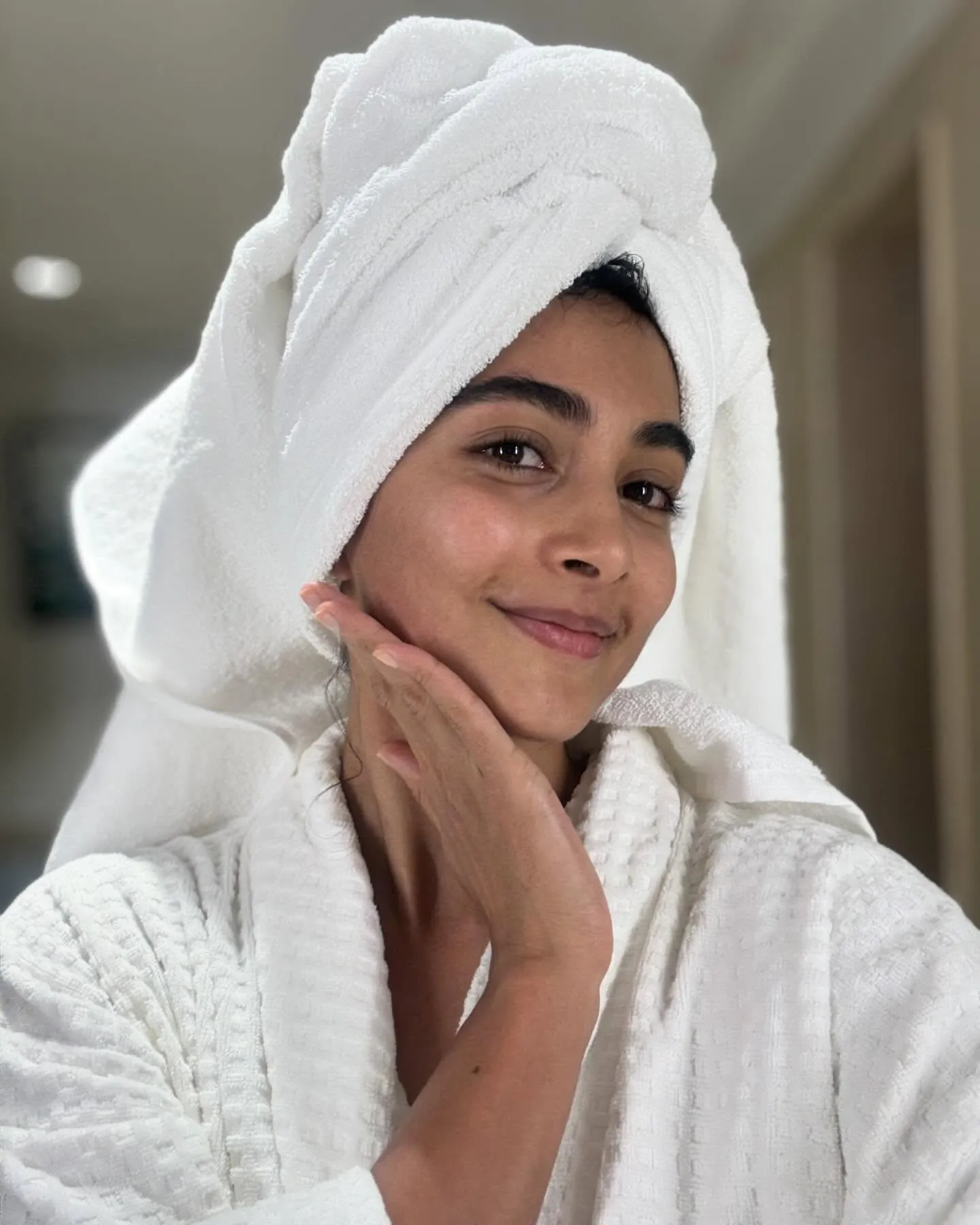 Pooja Hegde Relaxing with Towel on Head After Bath Image