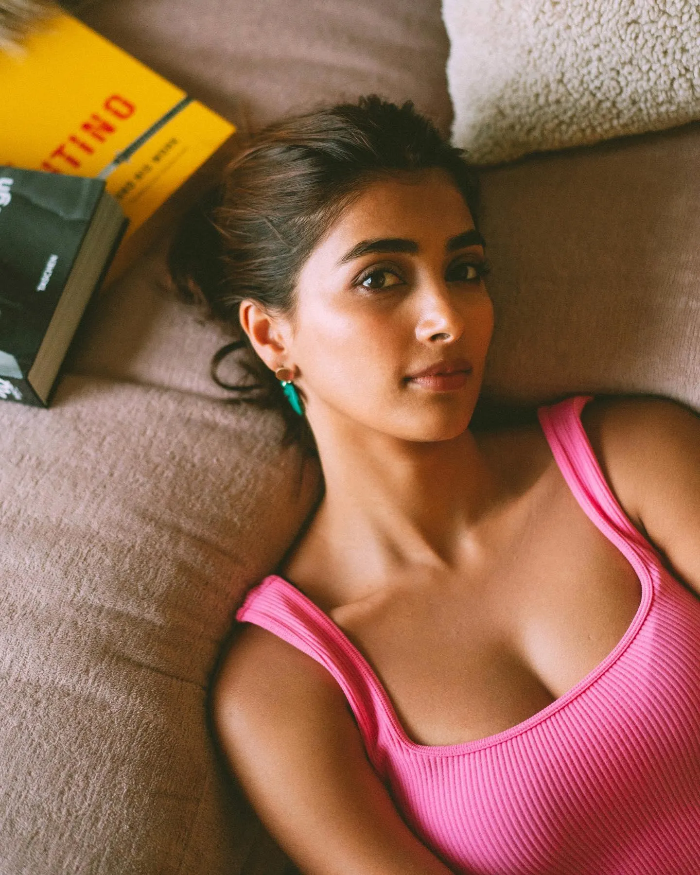 Pooja Hegde Rests Indoors Wearing Pink Sleeveless Top