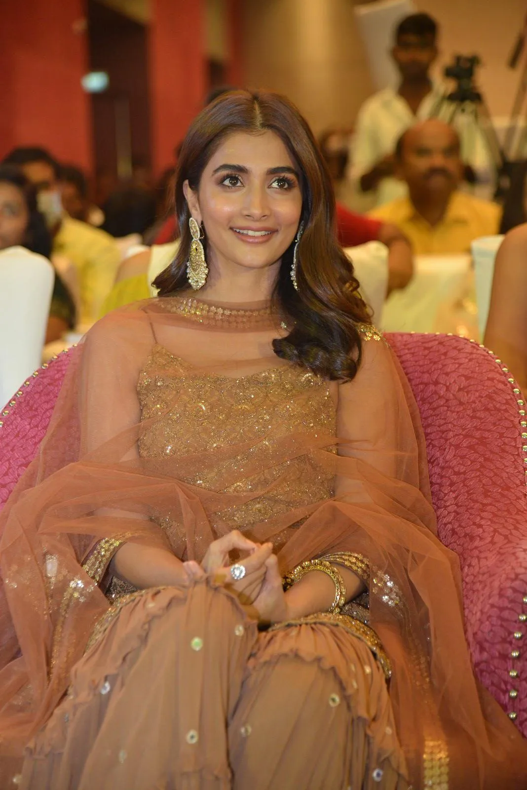 Pooja Hegde Seated in Brown Ethnic Dress At Event Hd