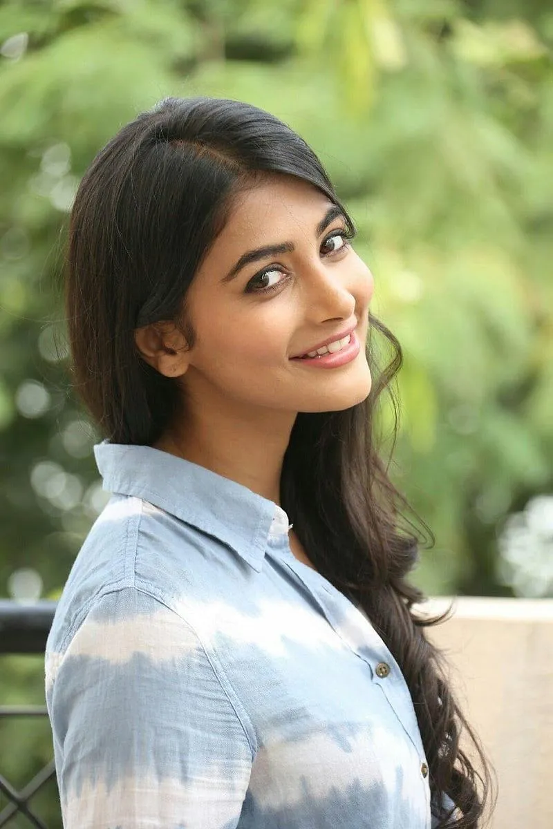 Pooja Hegde Smiling in Blue Shirt Outdoors Hd Wallpaper