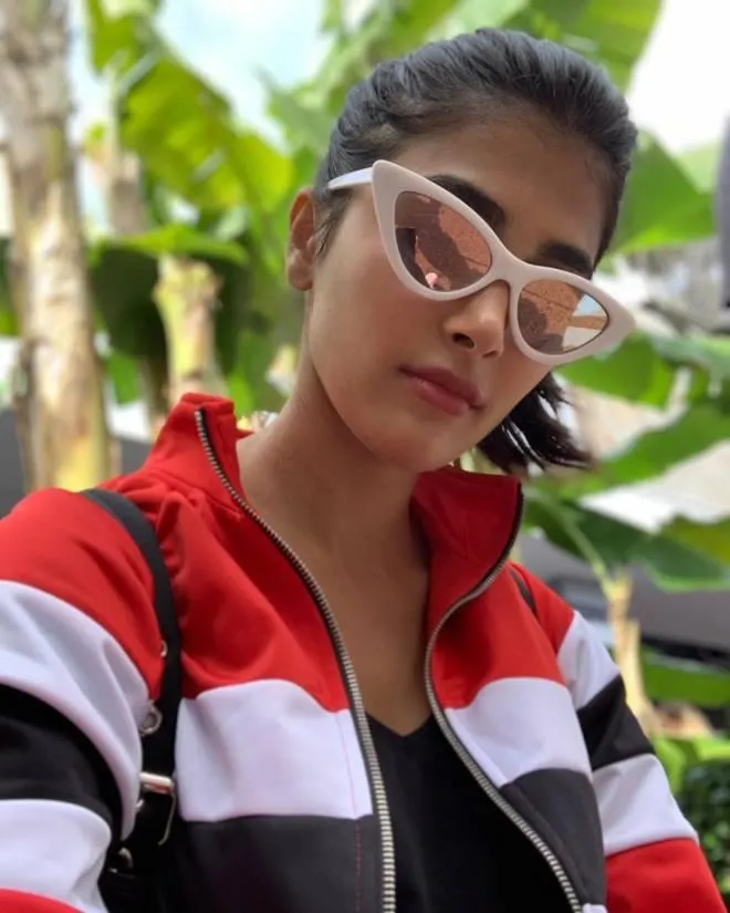 Pooja Hegde Sports Cool Look in Red and Black Casual Jacket