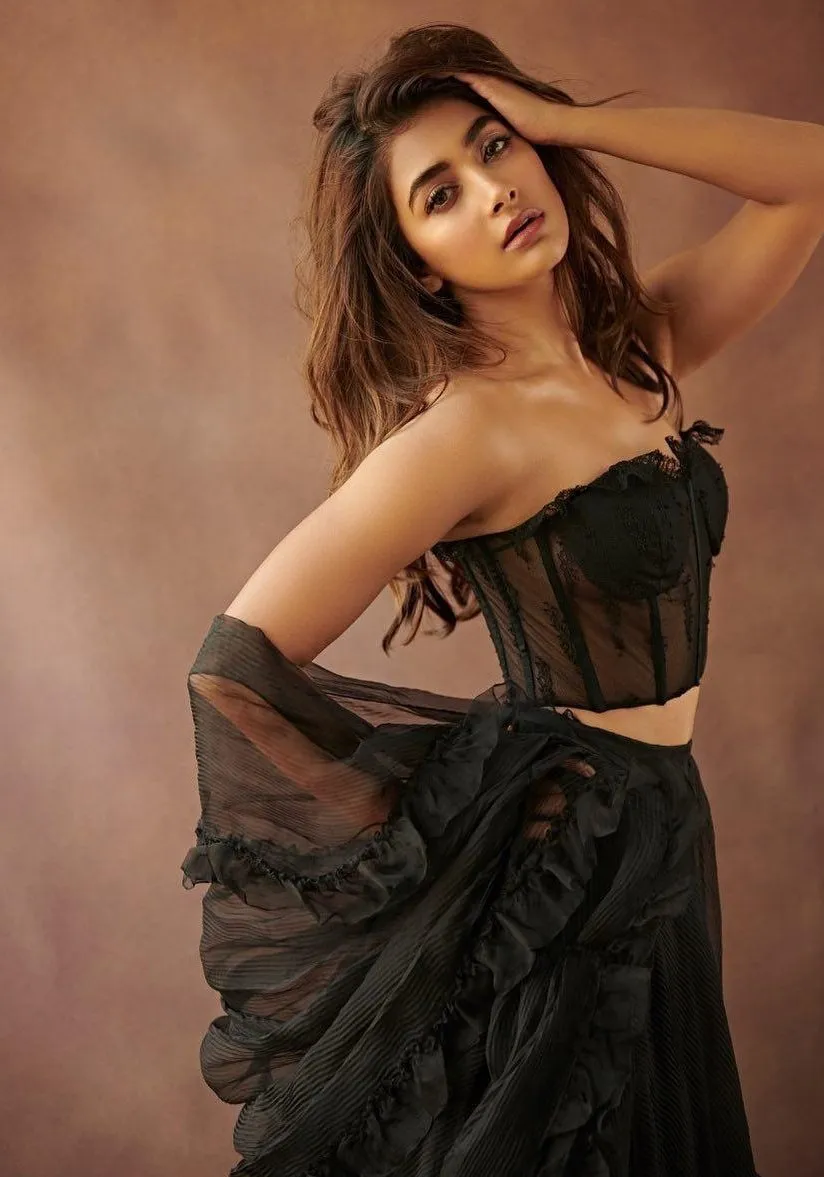 Pooja Hegde Stuns in Black Off Shoulder Flowing Dress
