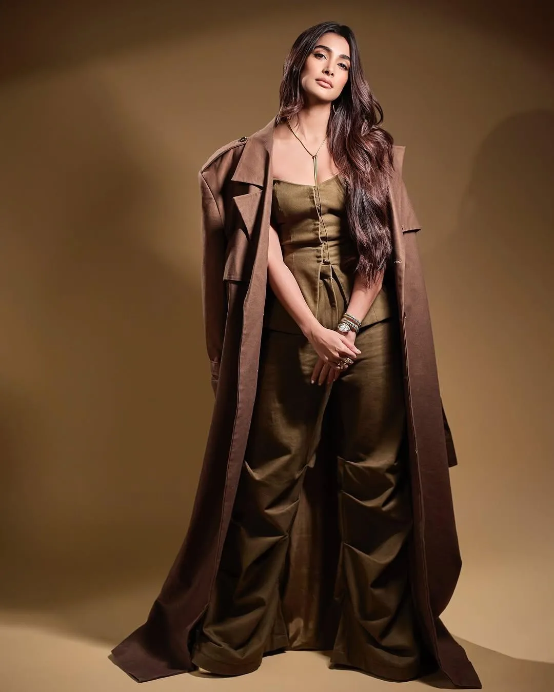 Pooja Hegde Stuns in Olive Green Flowy Designer Gown