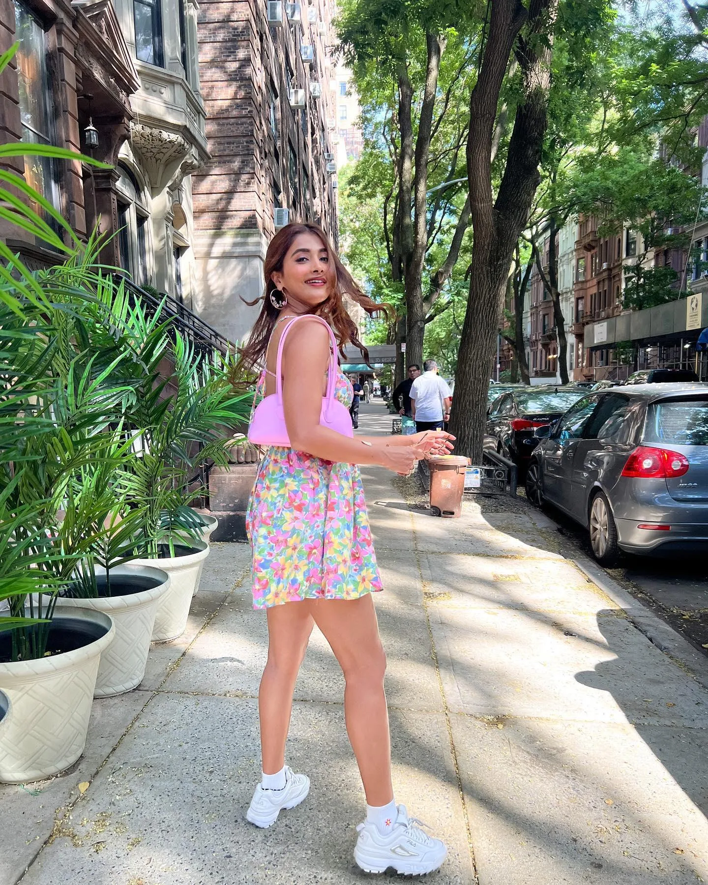 Pooja Hegde Walks in Sunny Street Wearing Floral Mini Dress