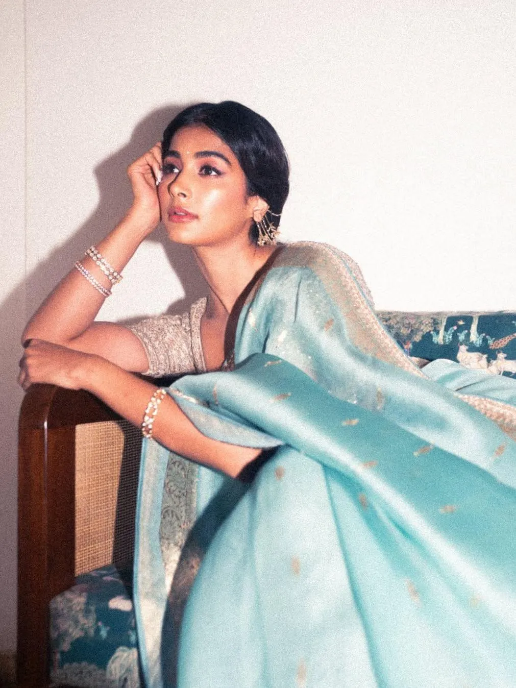 Pooja Hegde Wearing Light Blue Saree Looking Away Wallpaper