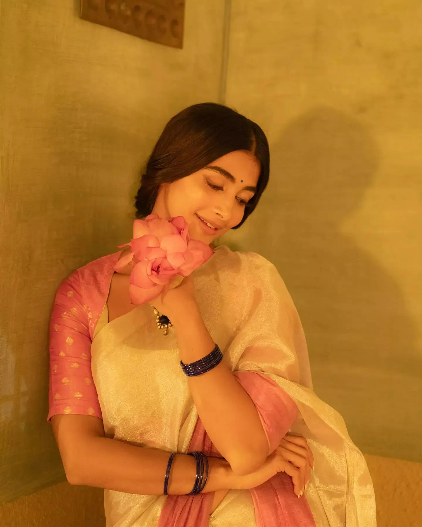 Pooja Hegde Wearing Traditional Saree with Soft Lighting