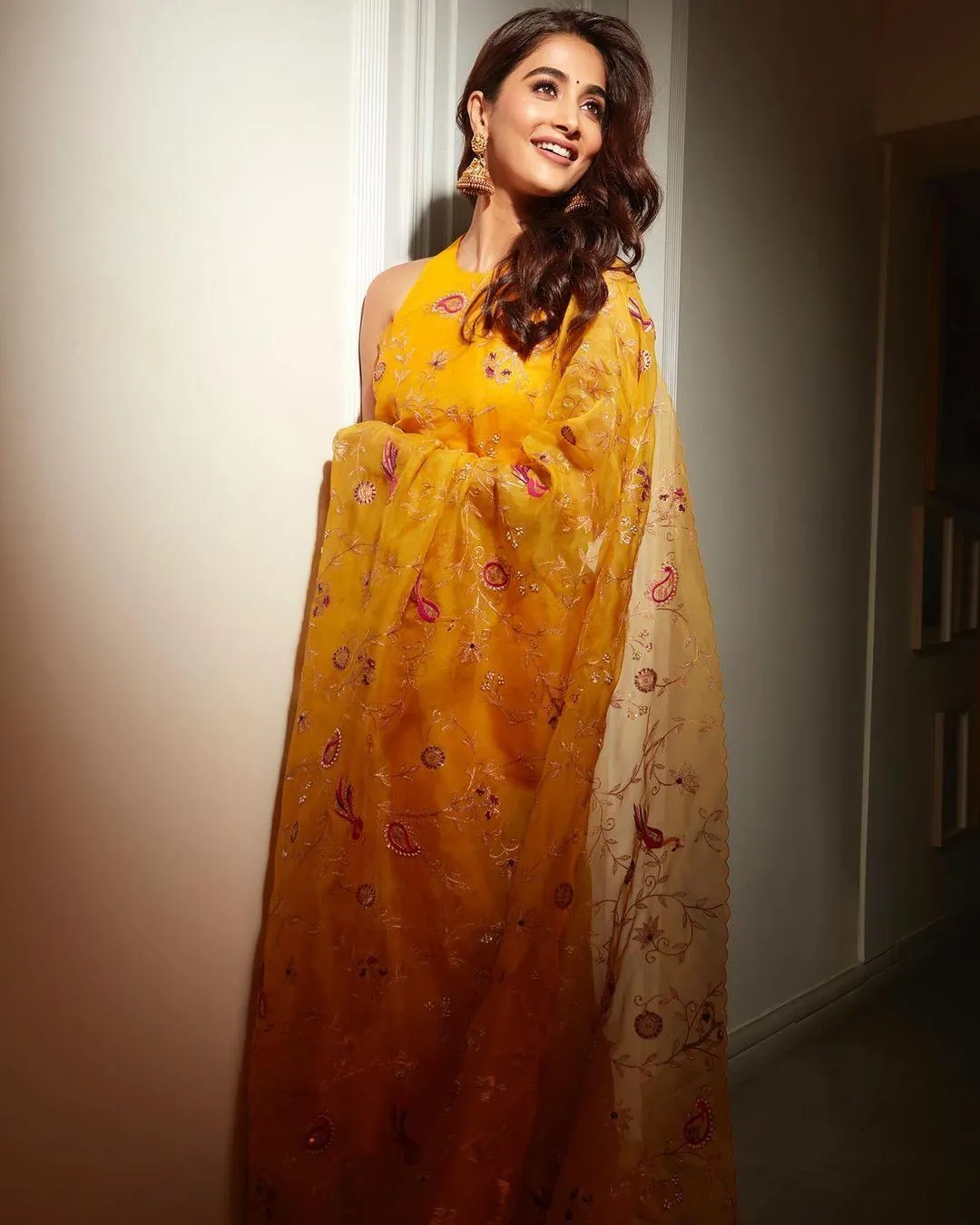 Pooja Hegde Wearing Yellow Floral Dress Indoors Image