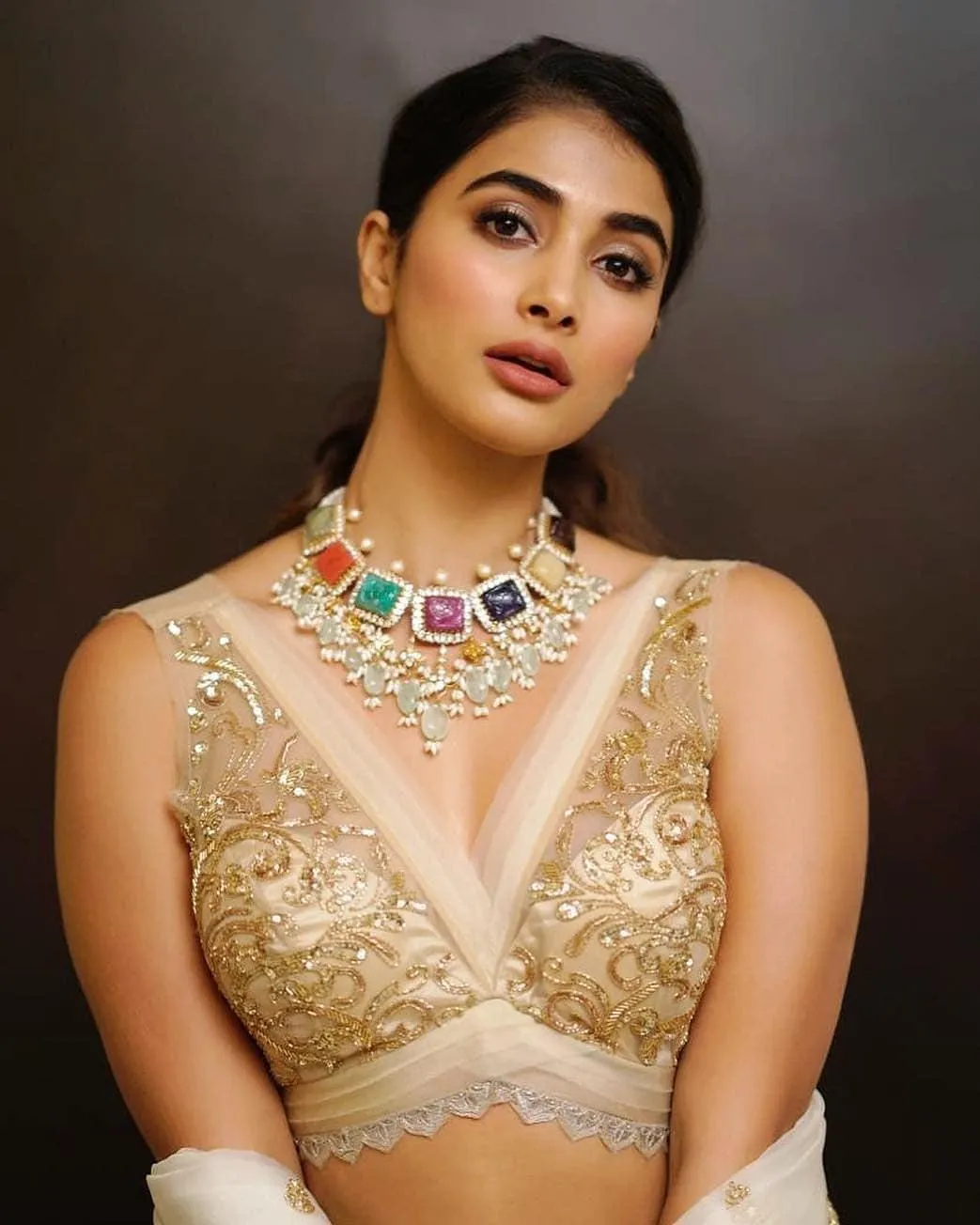 Pooja Hegde Wears Golden Embellished Blouse with Jewelry