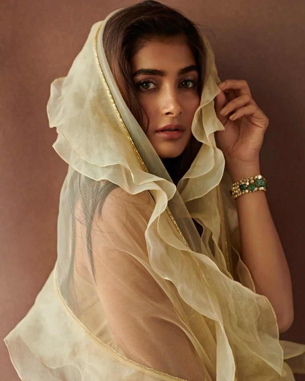 Pooja Hegde Wrapped in Sheer Yellow Fabric in Soft Light