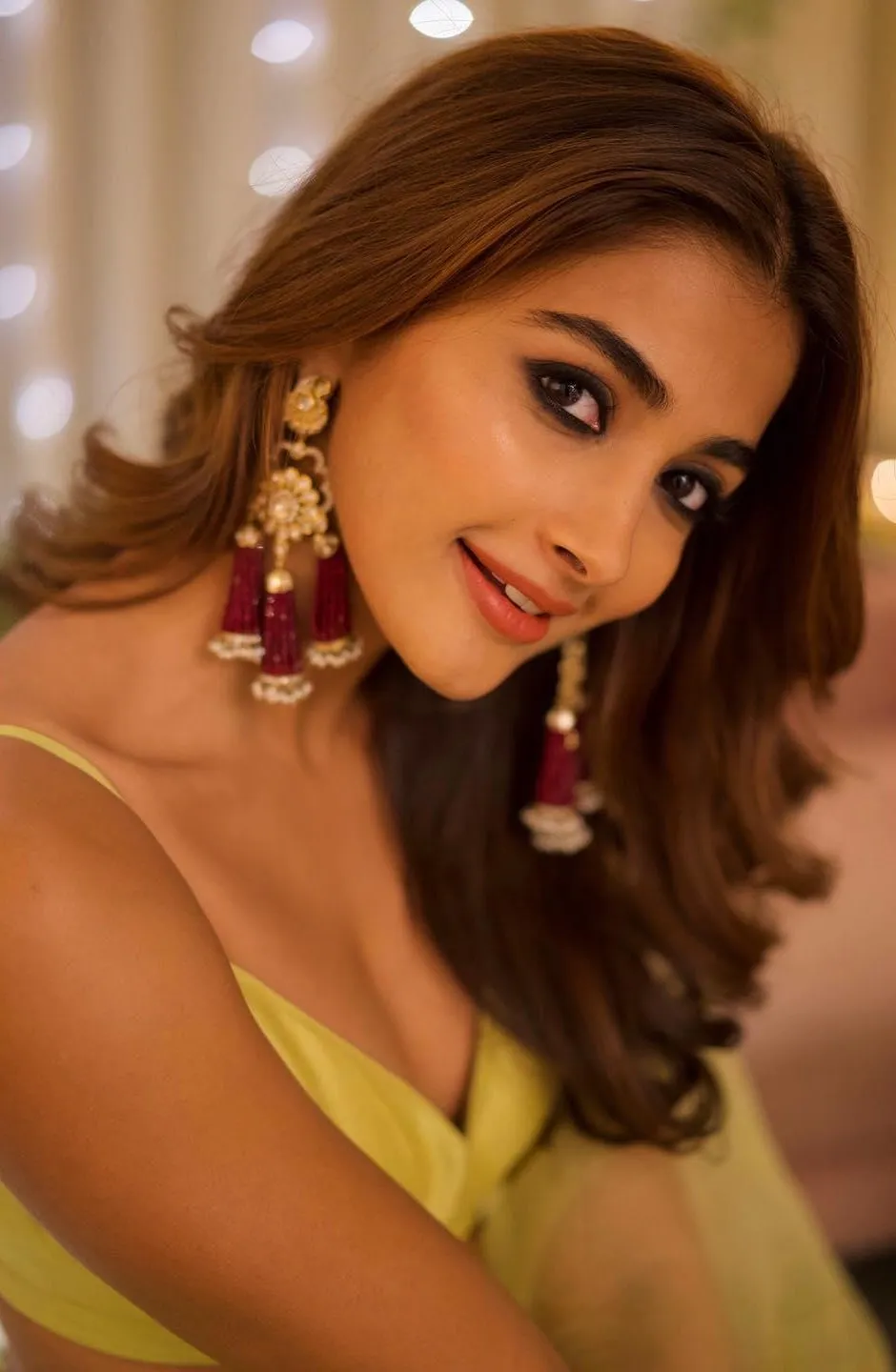Smiling Pooja Hegde with Beautiful Earrings and Dress