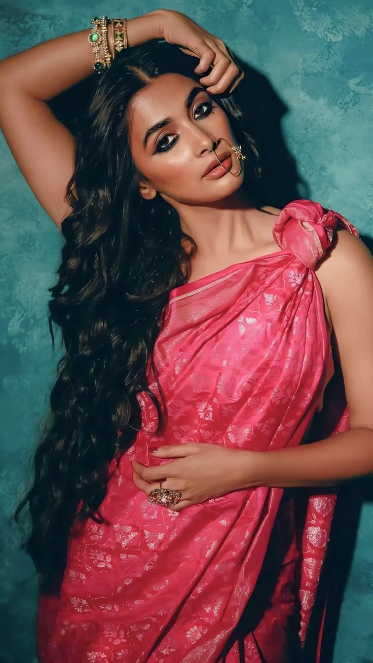 Traditional Beauty Pooja Hegde in Pink Saree with Blue