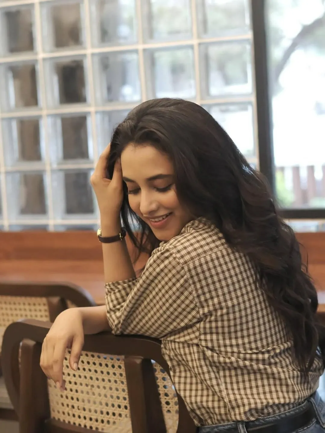 Back View of Priyanka Mohan Wearing a Brown Checked Dress