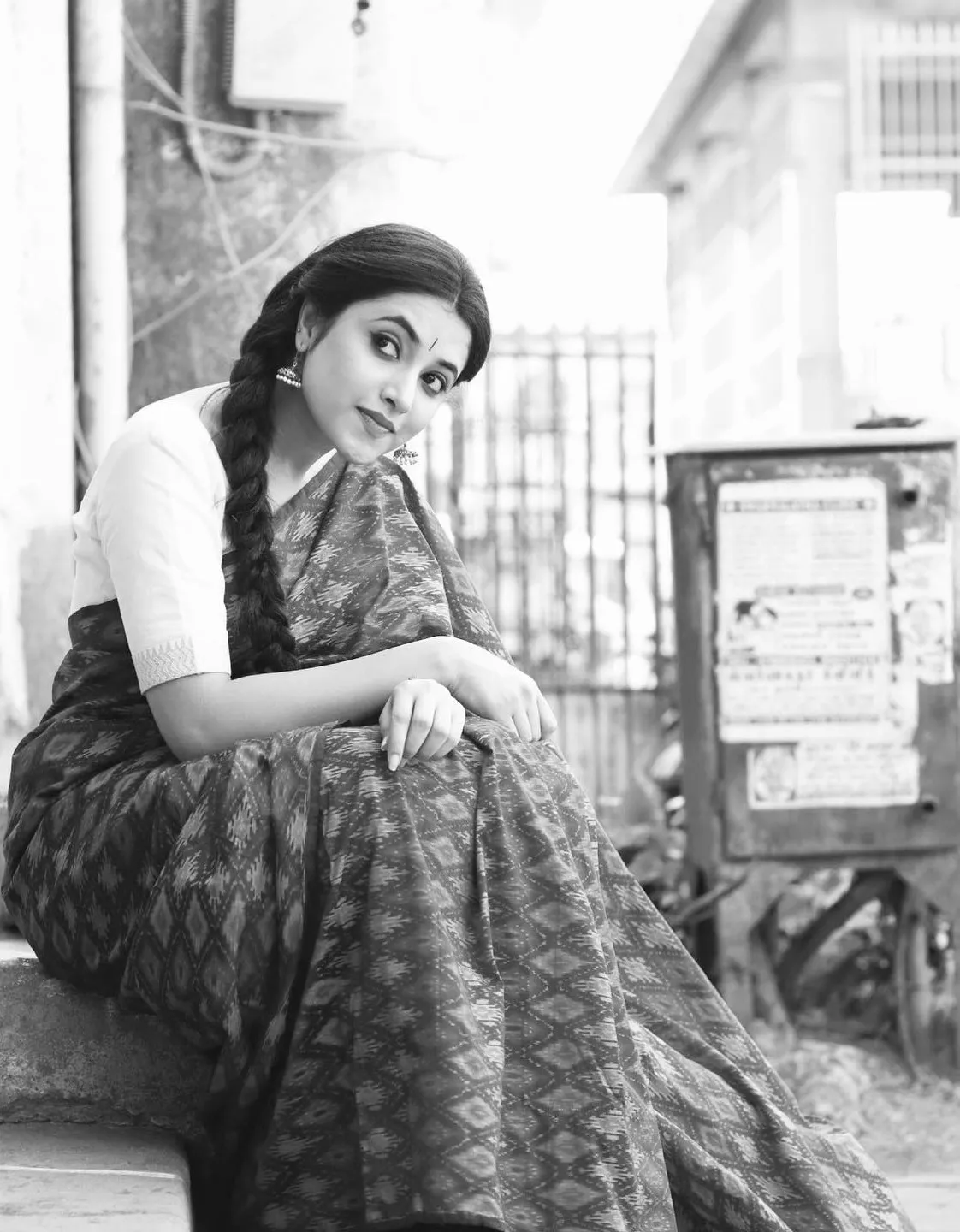 Black And White Image of Priyanka Mohan Sitting Outdoors