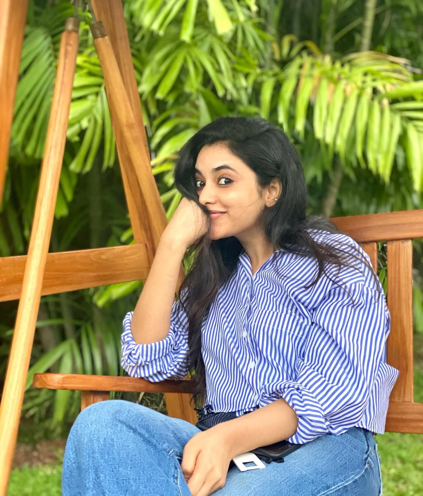 Cute Image of Priyanka Mohan Sitting on a Park Wooden Bench
