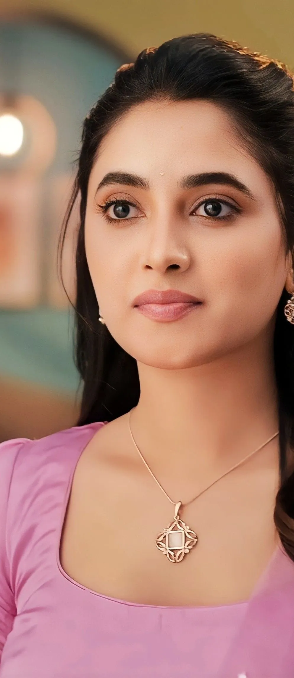 Detailed View of Priyanka Mohan in a Pink Dress with Makeup