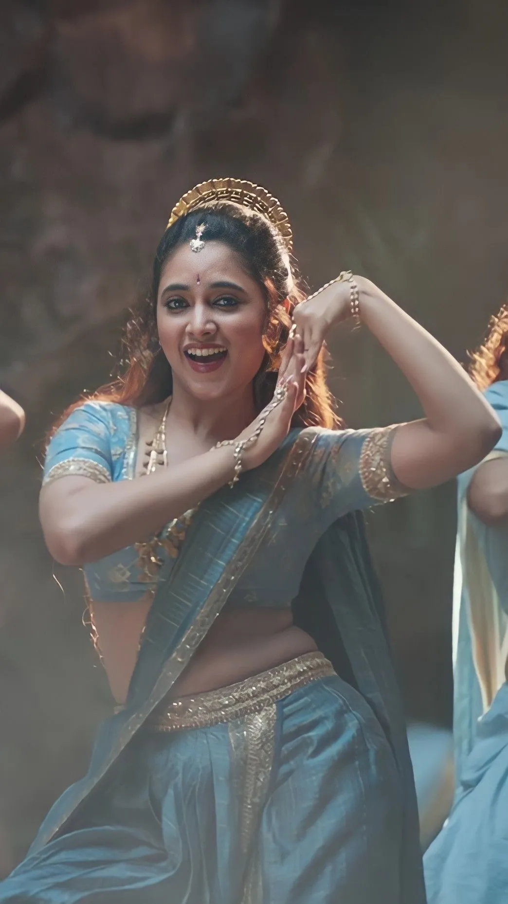 Joyful dance pose of Priyanka Arul Mohan in blue saree HD