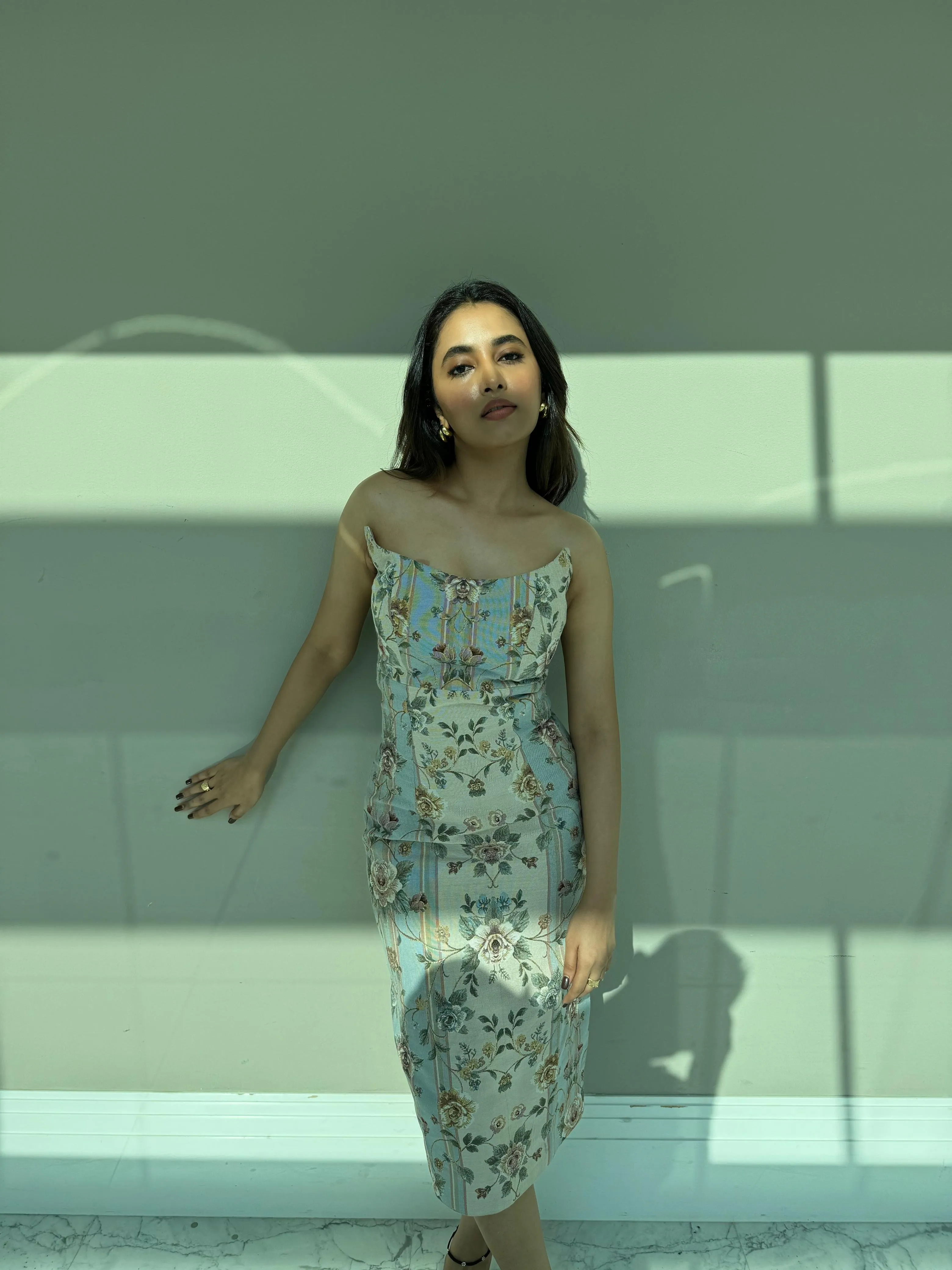 Priyaka Mohan in a Blue Dress Standing in the Shadow