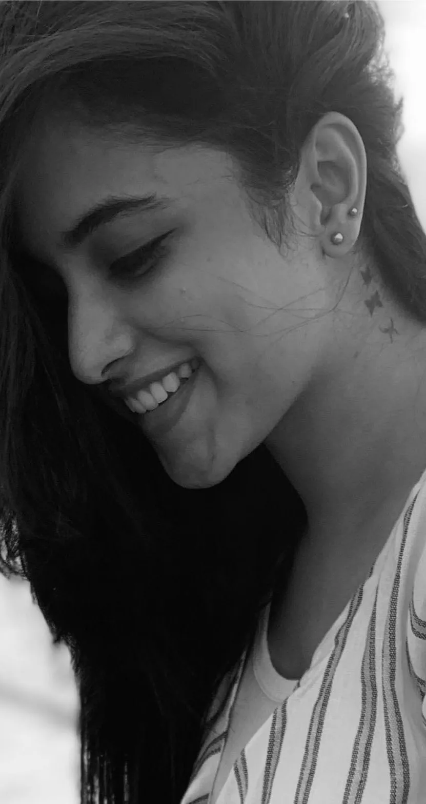 Priyanka Arul Mohan candid black and white smile portrait