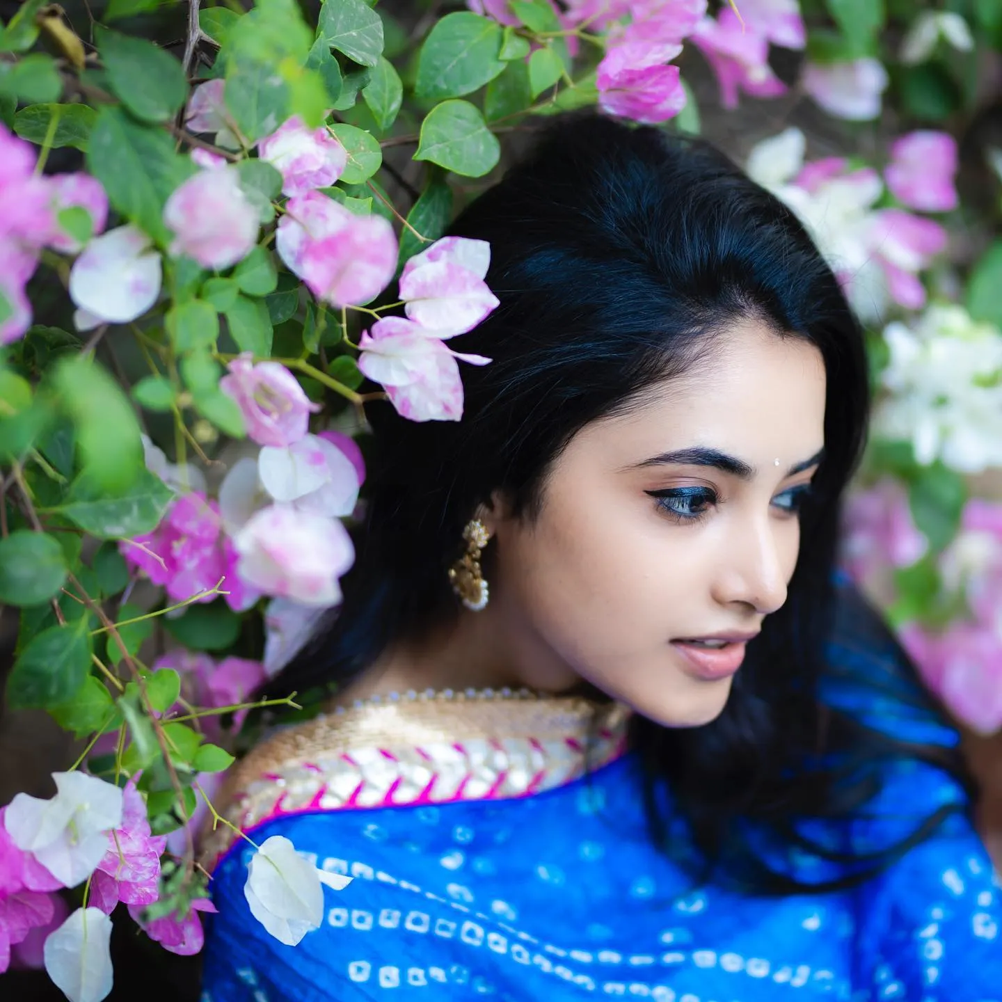 Priyanka Arul Mohan in Blue Dress Near Purple Flowers image
