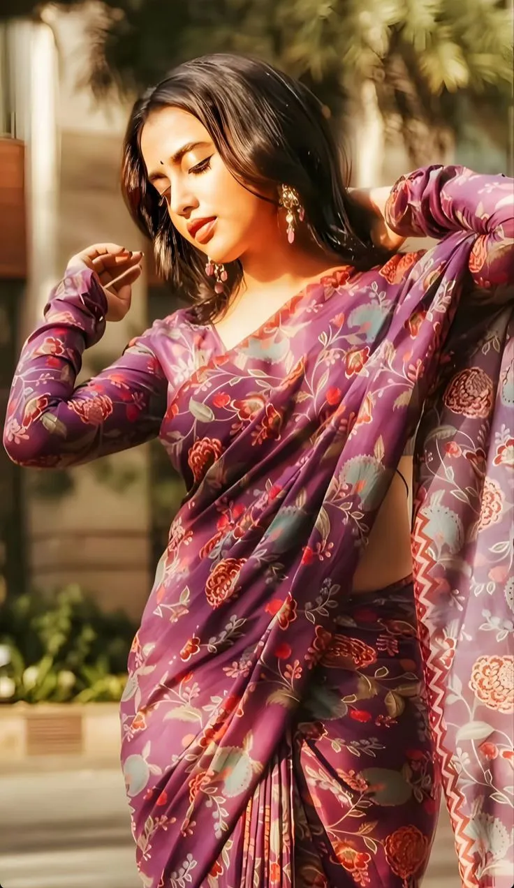Priyanka Arul Mohan purple saree Posing with Hands Up HD