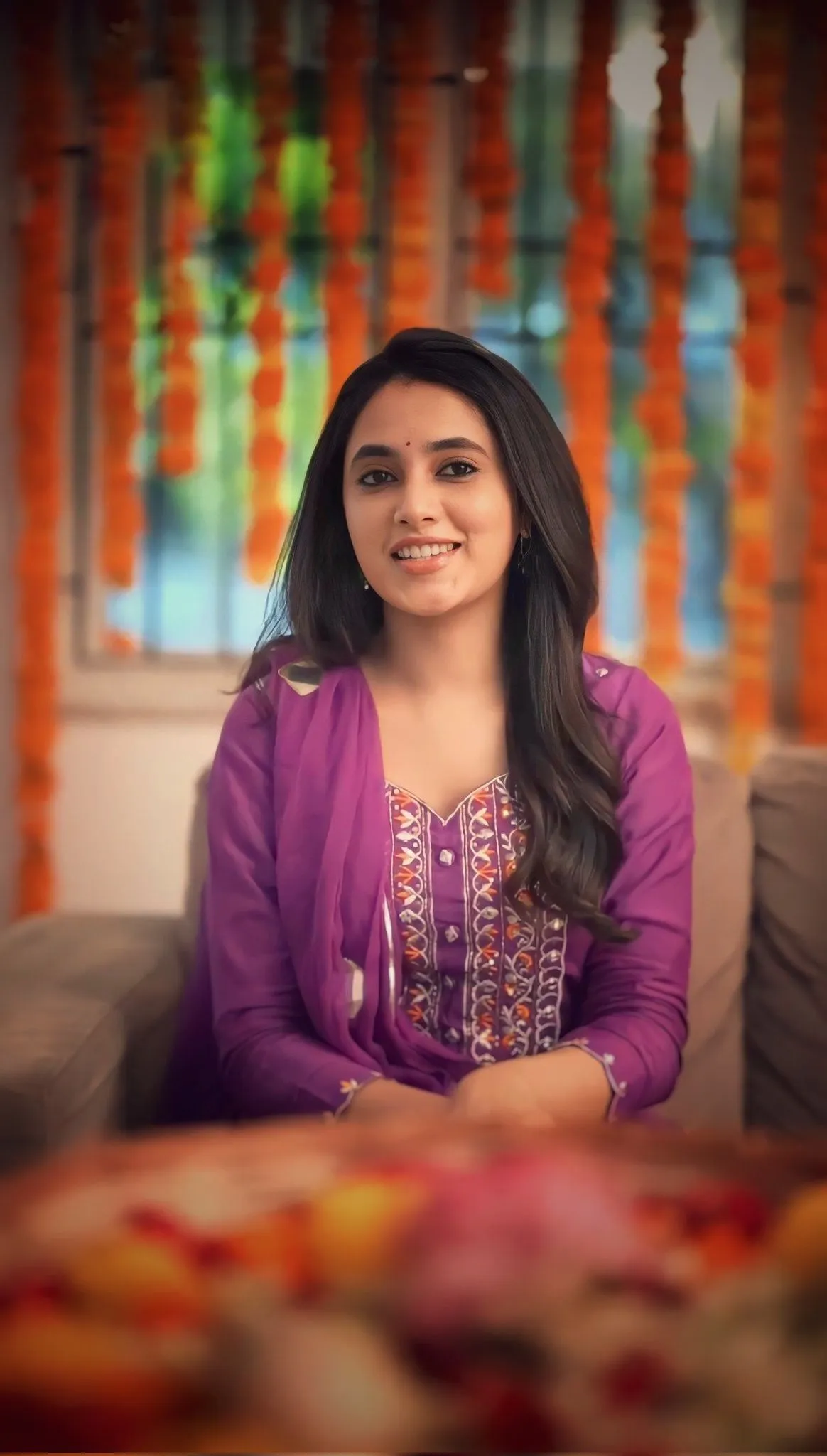 Priyanka Arul Mohan Smiling in Purple Traditional Wear HD