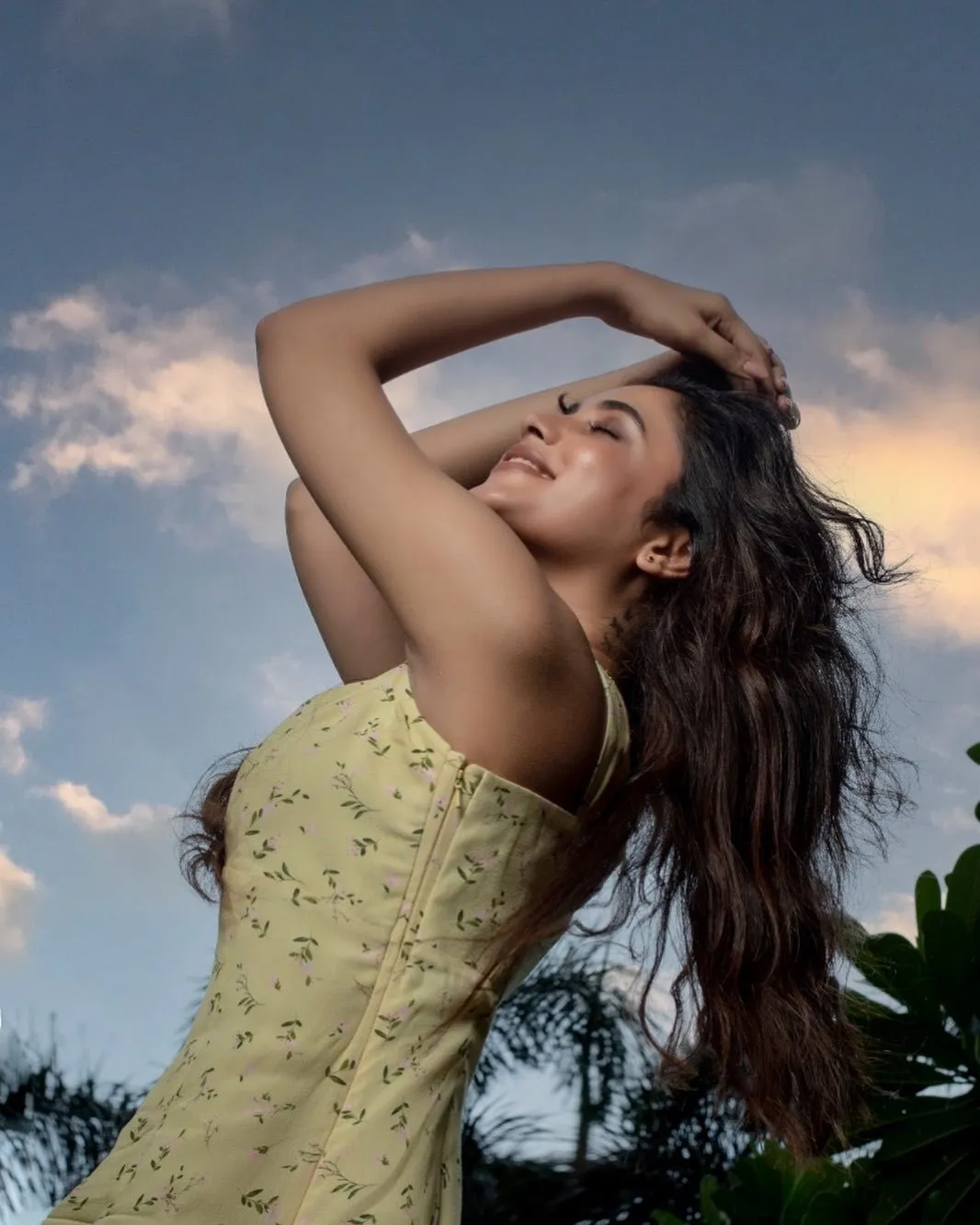 Priyanka Arul Mohan Wearing Yellow Dress with Closed Eyes